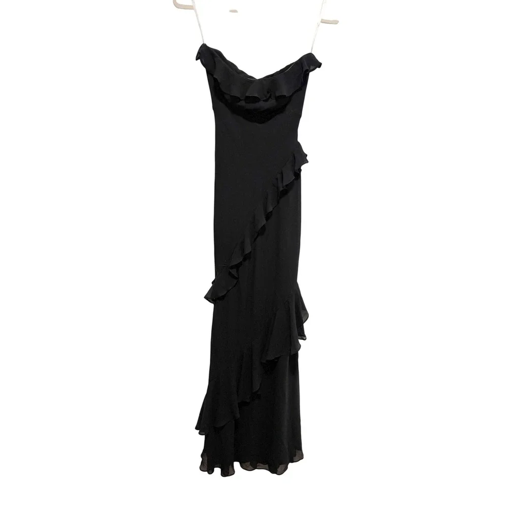 NWT Lulus Dramatic Allure Black Ruffled Cutout Strapless Maxi Dress XXS